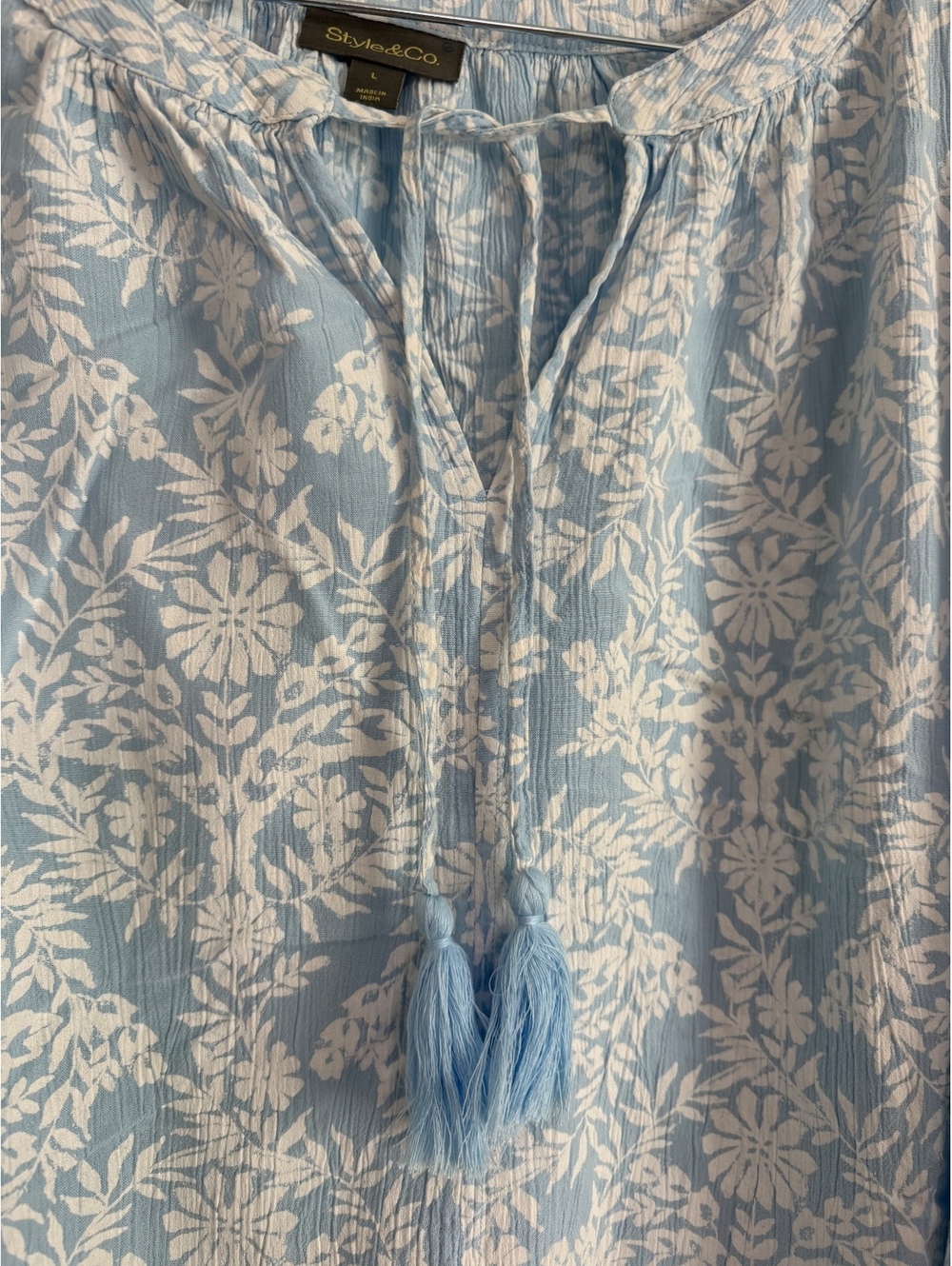 Style & Co Coastal Blue Floral Tassel Peasant Blouse Size L - Picture 4 of 8